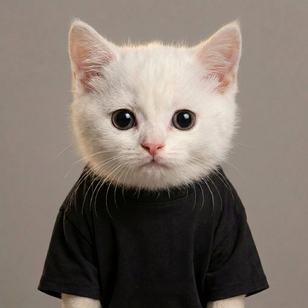 a cat in a plain hat and garment, waiting to be dressed